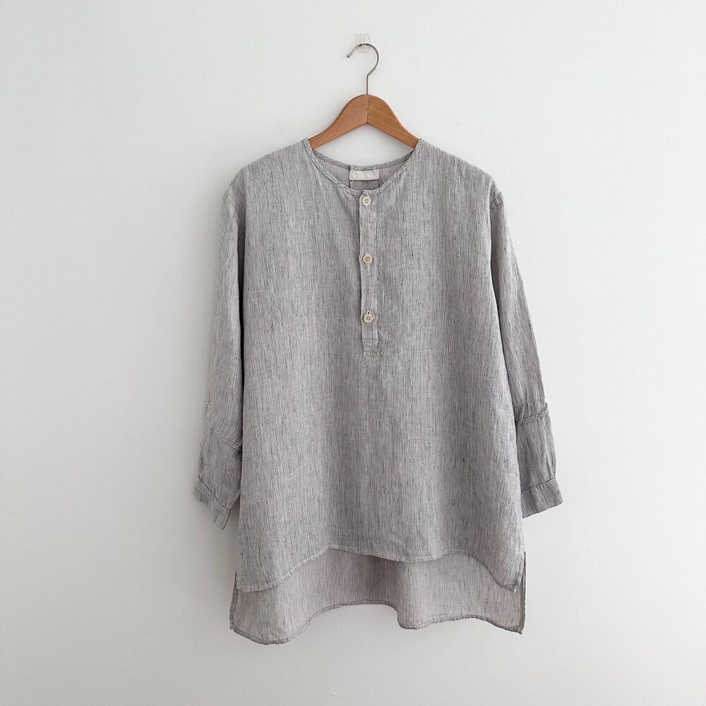 CP Shades 100% Linen Tunic Top USA Made Gray Pinstripe Long Sleeve Shirt Size XL